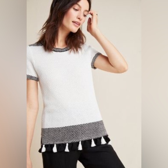 Anthropologie White Allen Sweater Tee with Black and White pom detail - Picture 1 of 9